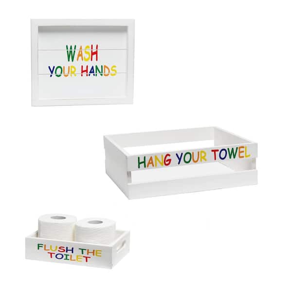 Three Piece Decorative Wood Bathroom Set, Small, Kids (1 Towel Holder, 1 Frame, 1 Toilet Paper Holder)