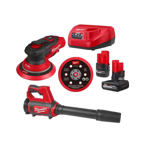 M12 FUEL 12-Volt Li-Ion Brushless Cordless 6 in. Random Orbital Sander Kit (3/16 in) wM12 5.0Ah,2.5Ah Batteries,&Blower