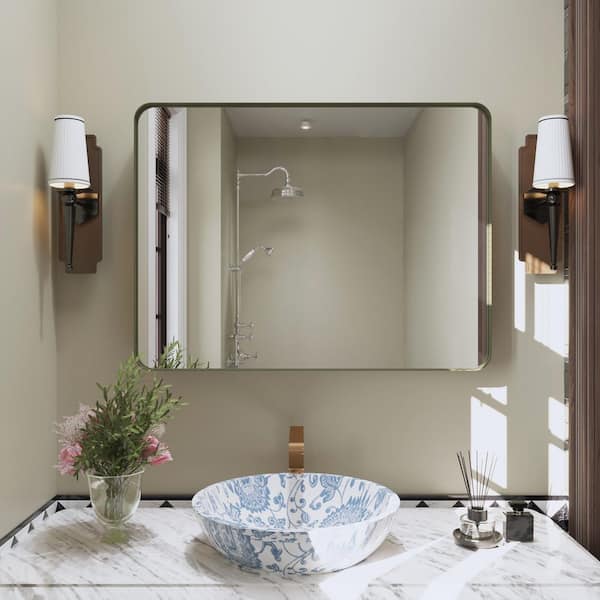 32 in. W x 24 in. H Rectangular Framed Wall Mounted Bathroom Vanity Mirror in Brushed Bronze