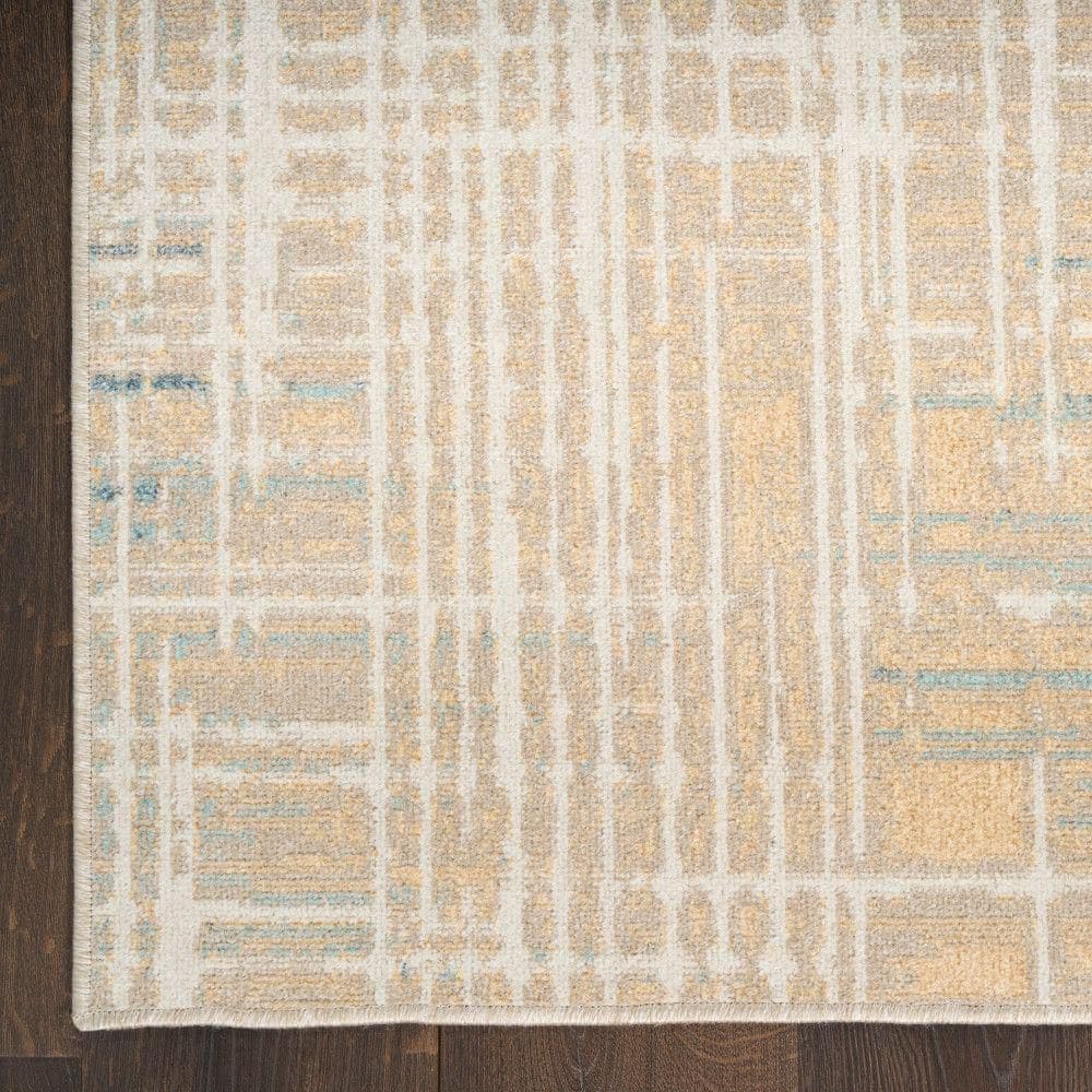 Beige Blue Abstract Polyester Machine Washable Runner Rug