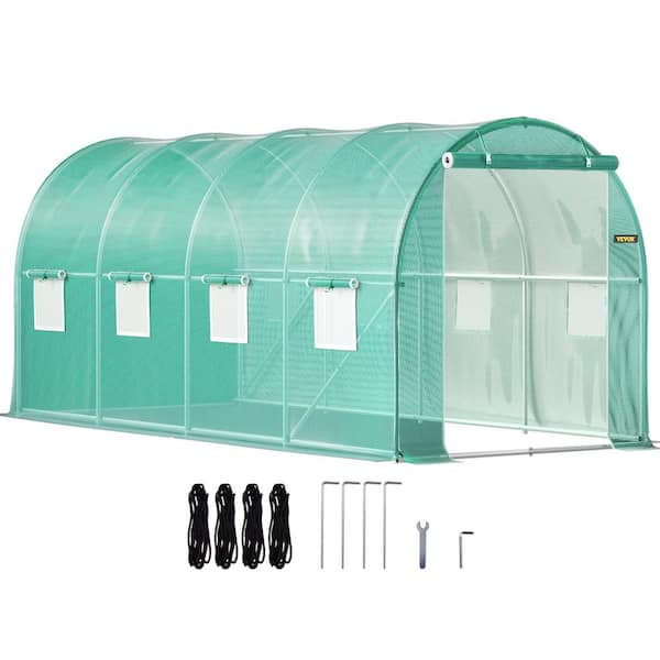 VEVOR Walk-in Tunnel Greenhouse 15 ft. D x 7 ft. W x 7 ft. H Portable Plant Greenhouse with Door & 8 Roll-up Windows, Green