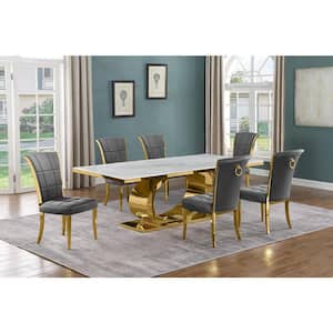 Ibraim 7-Piece Rectangle White Marble Top Gold Stainless Steel Dining Set with 6 Dark Grey Velvet Gold Iron Leg Chairs