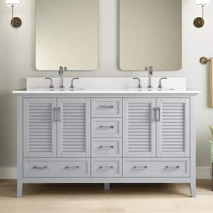 Dennick 60 in. W x 22 in. D x 35 in. H Double Sink Freestanding Bath Vanity in Gray with White Engineered Stone Top