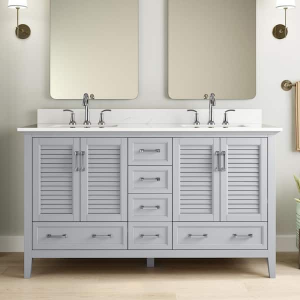 Home Decorators Collection Dennick 60 in. Double Sink Gray Bath Vanity with White Engineered Stone Top (Assembled)
