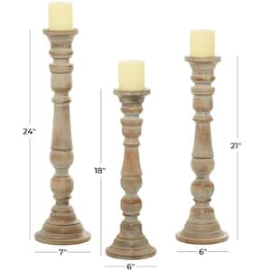 Brown Mango Wood Candle Holder with Turned Style (Set of 3)