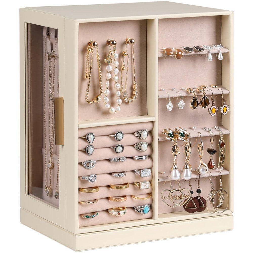 Beige PU leather rotating jewelry box with 6 drawers and a clear