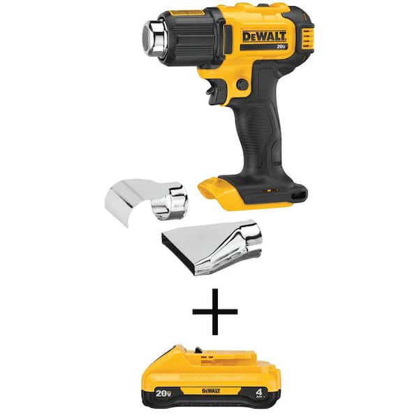 DEWALT 20V MAX Cordless Compact Heat Gun, Flat and Hook Nozzle Attachments and (1) 20V 4.0Ah Battery