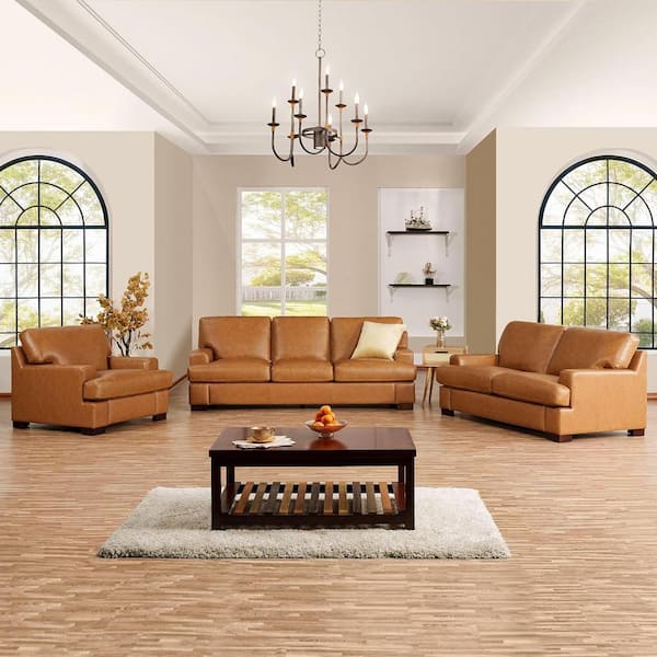HOMESTOCK Genuine Leather Accent Chair, Loveseat and Sofa Luxurious Comfort, Goose Feather Cushion Filling, Square Arm Design- Tan