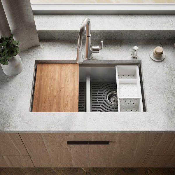 Task Workstation 33 in. Drop-In Smart Divide Double Bowl Stainless Steel Kitchen Sink with 2-Faucet Holes