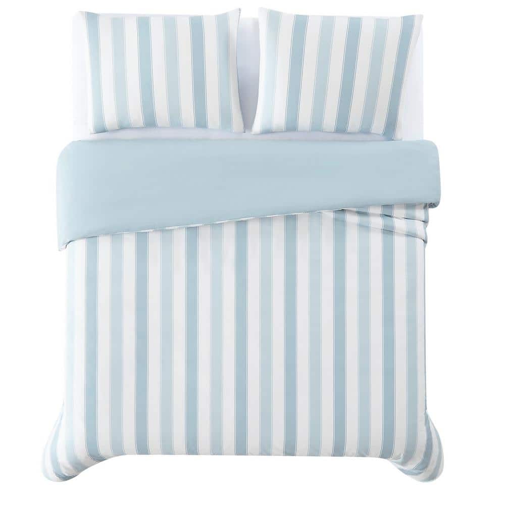 Twin Blue and White Striped Microfiber Comforter Set