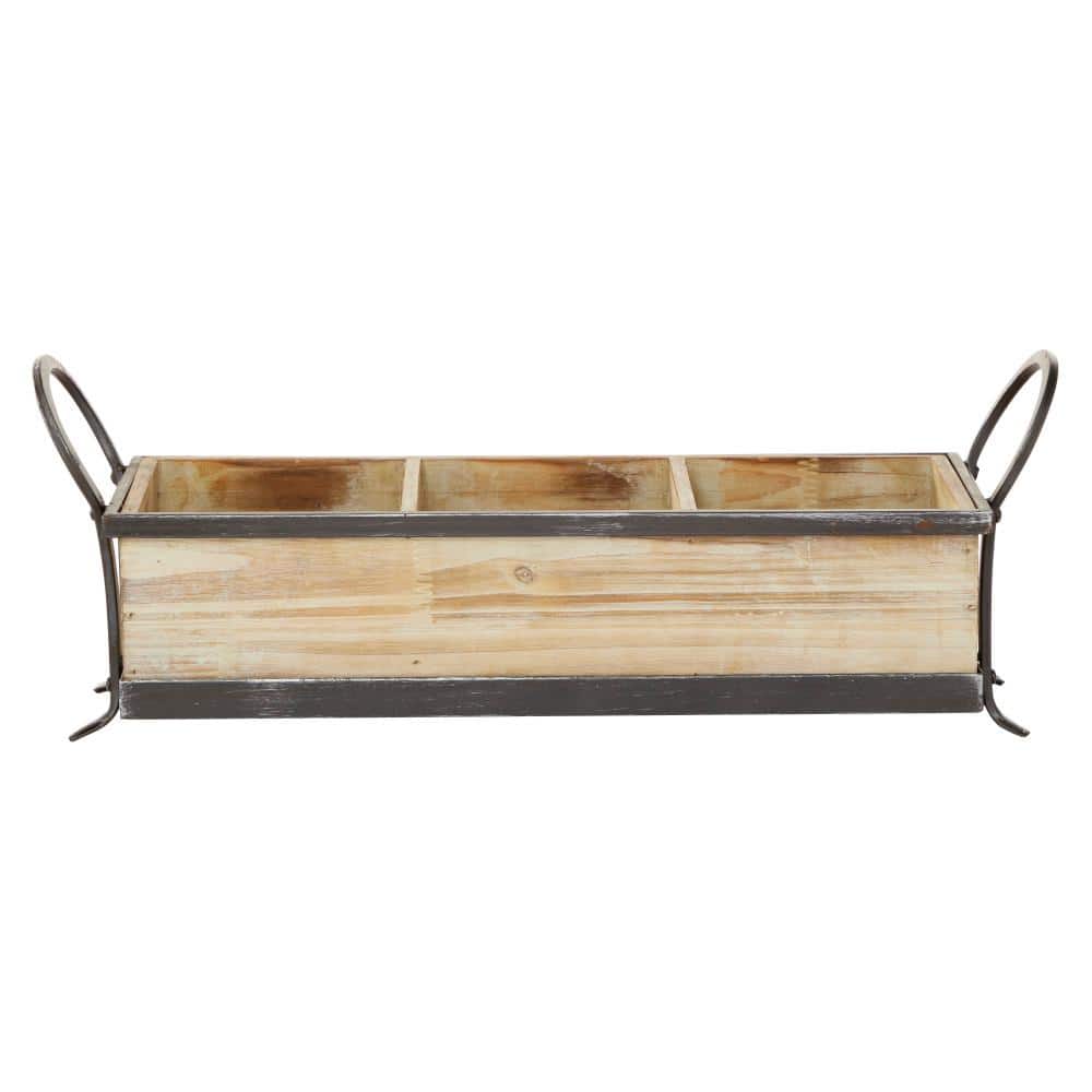 Rustic Pine-Finish Wood Tray with Iron Accents and Dividers, 24"x9"