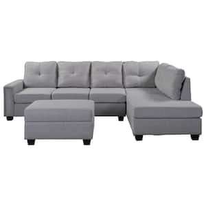 107.5 in. W Reversible Square Arm Linen L Shape Sectional Sofa in Light Gray with Storage Ottoman
