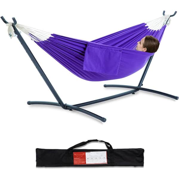 Unbranded 9 ft. 2-Person Heavy Duty Double Hammock with Space Saving Steel Stand, 450 lbs. Capacity and Carrying Bag in Purple