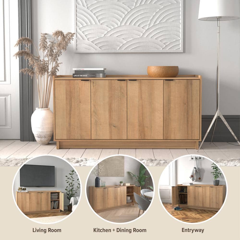 Oak 4-Door Light Wood Accent Cabinet with Adjustable Shelves