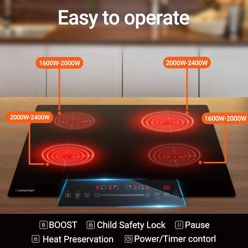 30 in. 4 Elements Ceramic Glass Electric Cooktop in Black with 9 Heating Levels and Child Safety Lock (220V-240V/7200W)