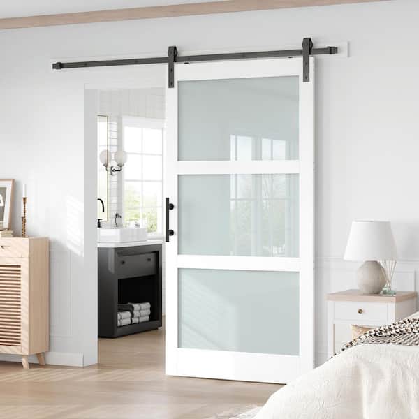 42 in. x 84 in. 3-Lite Frosted Glass White Finished MDF Core Sliding Barn Door with Hardware Kit