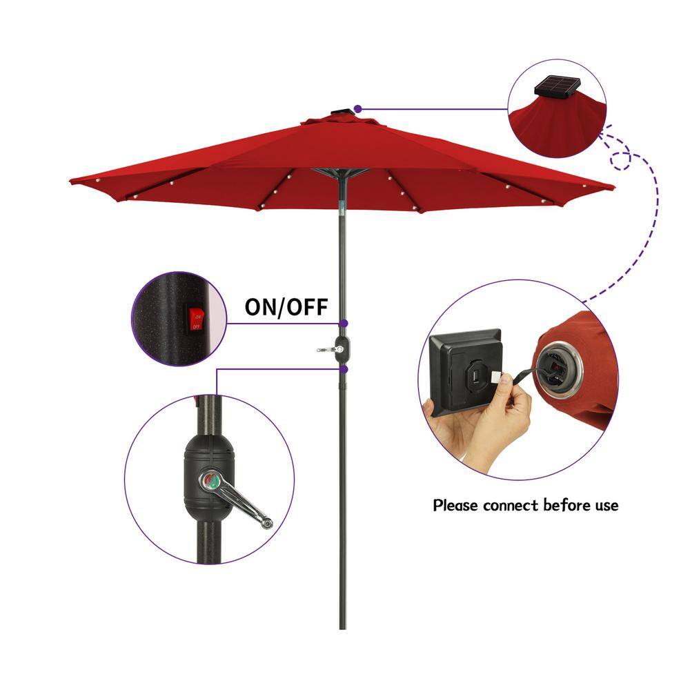 9 ft Red Solar LED Tilt Patio Umbrella with Steel Pole
