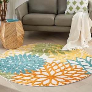 Aloha Turquoise Multicolor 4 ft. x 4 ft. Round Floral Contemporary Indoor/Outdoor Patio Area Rug