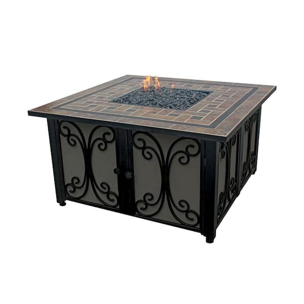 Endless Summer 41 in. W Slate Tile Steel LP Gas Fire Pit with Wrought Iron Panels, Electronic Ignition and Bronze Fire Glass
