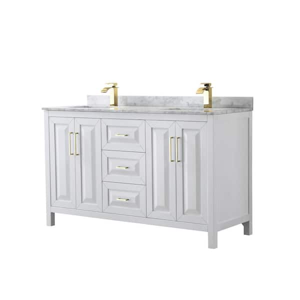 Wyndham Collection Daria 60 in. W x 22 in. D x 35.75 in. H Double Sink Bath Vanity in White with White Carrara Marble Top