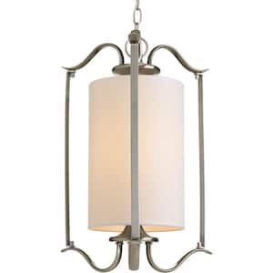 Inspire Collection 1-Light Brushed Nickel Transitional Hanging Foyer Pendant with Beige Linen Shade