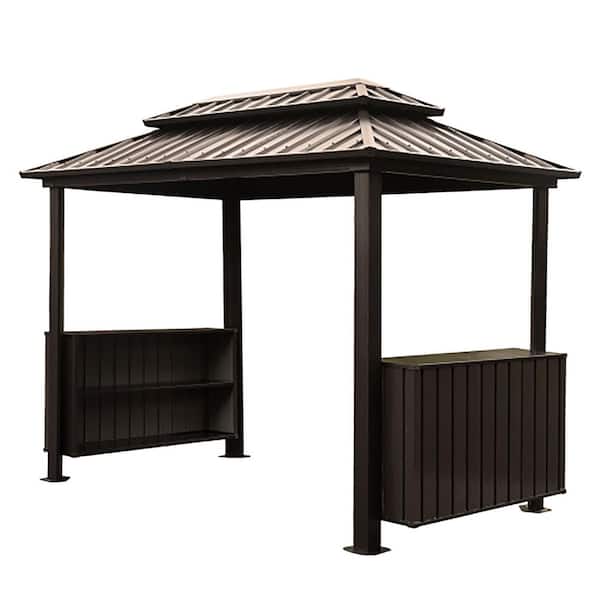 6 ft. x 10 ft. Brown Hardtop Grill Gazebo with Storage Cabinets and Ceiling Hooks