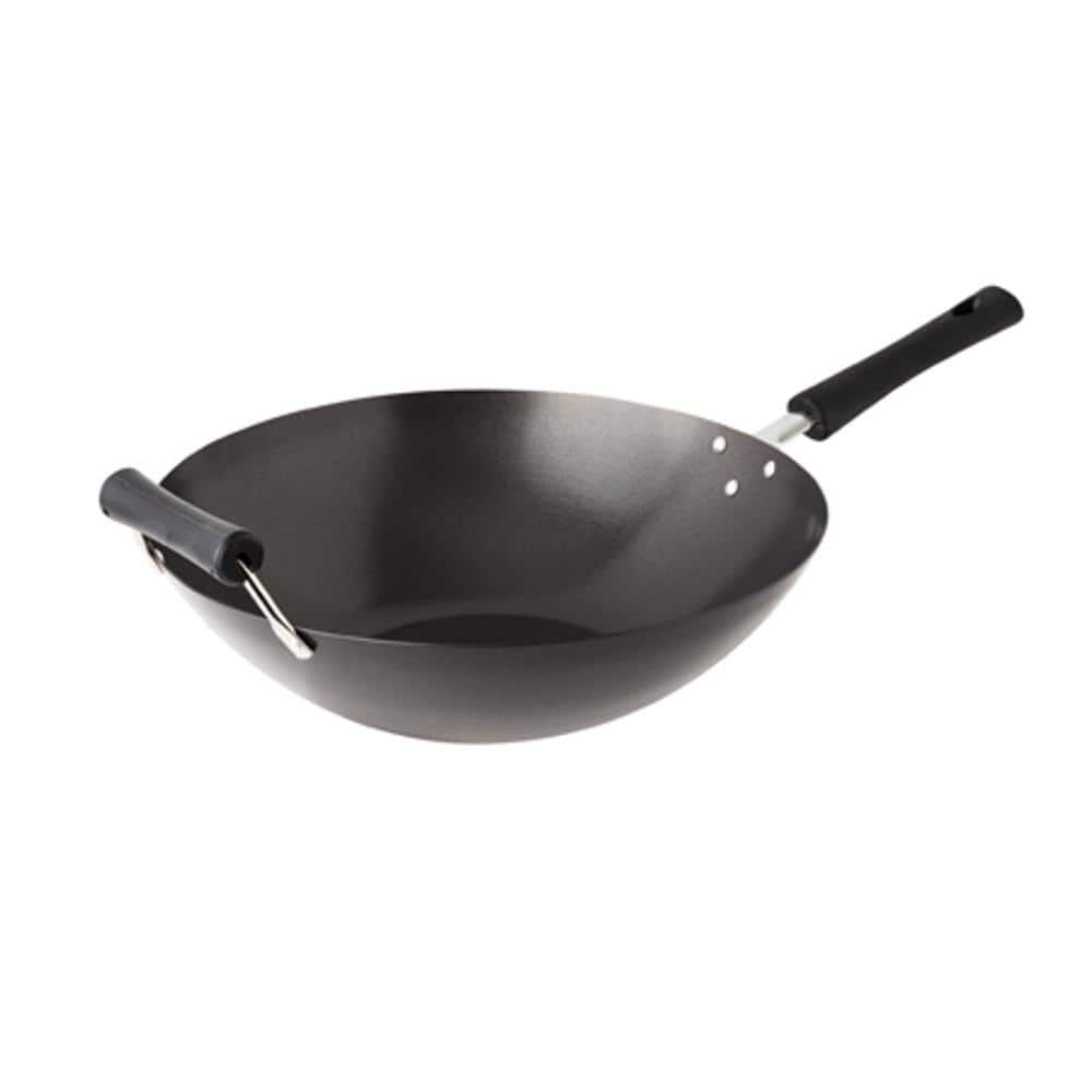 Oster Sangerfield 14 in. Stainless Steel Flat Bottom Wok in Silver with Wooden Handles