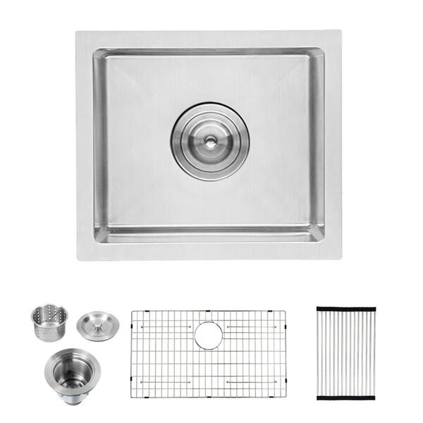 Tileon Brushed Nickel Stainless Steel 14 in. Single Bowl Undermount Kitchen Sink with Bottom Grid