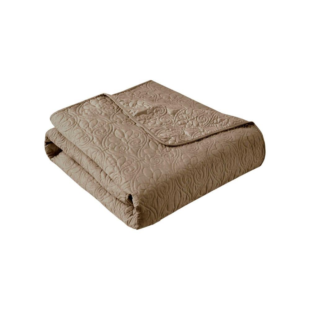 Khaki Cotton Quilted Throw Blanket with Floral Motif