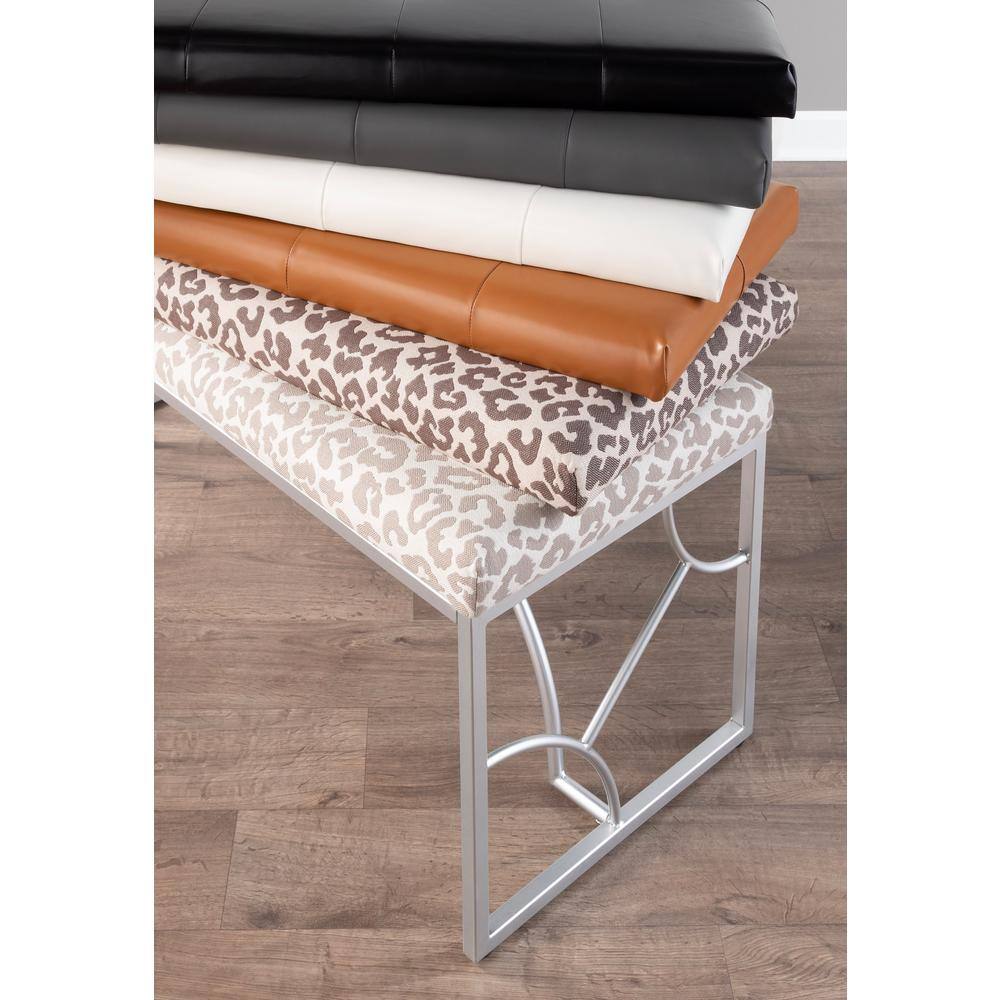 Silver Metal Beige Leopard Print Fabric Bench