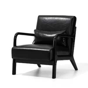 Mid-century Modern Black Leatherette Accent Armchair with Walnut rubberwood frame