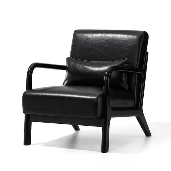Glitzhome Mid-century Modern Black Leatherette Accent Armchair with Walnut rubberwood frame