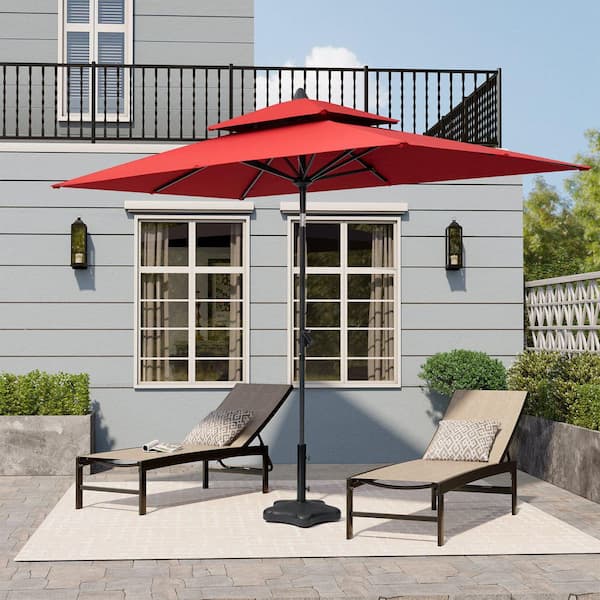 Crestlive Products 10 ft. x 6.5 ft. Double Top Outdoor Market Umbrella Rectangle Outdoor Table Umbrella with Hand Crank Lift in Red