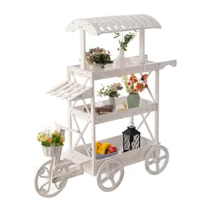 White Wood Decor Display Rack Mobile Food Cart with Wheels 3-Tier for Display, Wood Wagon with Shelves for Food and More