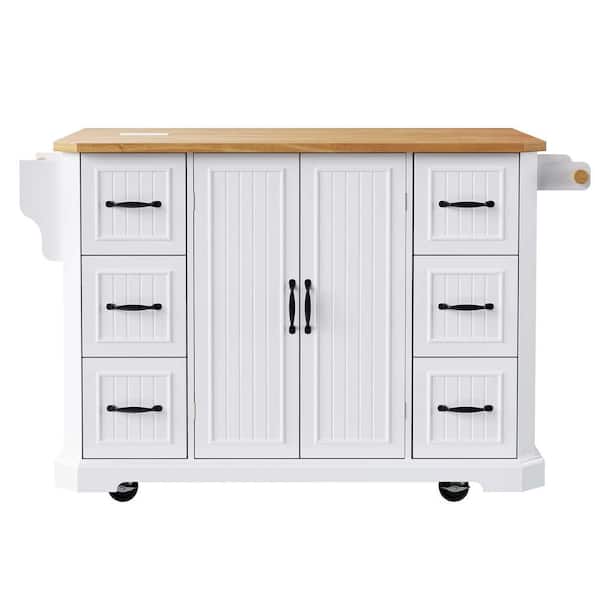 Unbranded White Wood 56 in. Kitchen Island with Drop Leaf, Power Outlet, 4-Door Shelves, 6-Deep Drawers