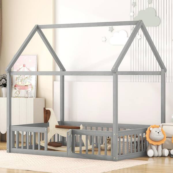 Harper & Bright Designs Gray Wash Full Size Wood House Bed with Fence ...