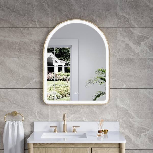 BONIE 28 in. W x 36 in. H Arched Framed LED Anti-Fog Wall Bathroom Vanity Mirror in Brushed Gold