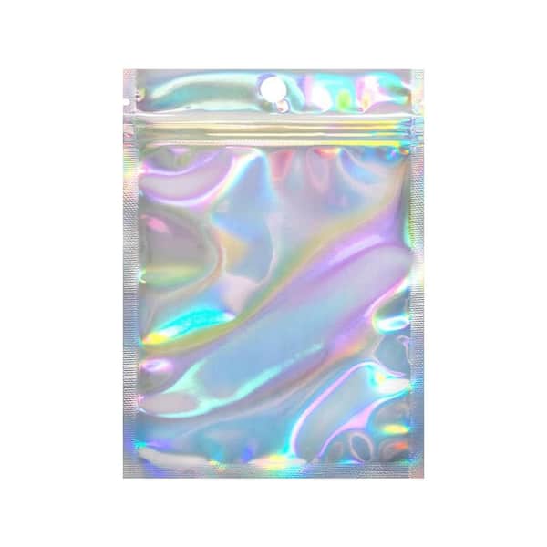 0.6 lbs. 4 L x 0.02 W x 6 H Iridescent Mylar Resealable Holographic Bags for Multipurpose Storage 100 Pack