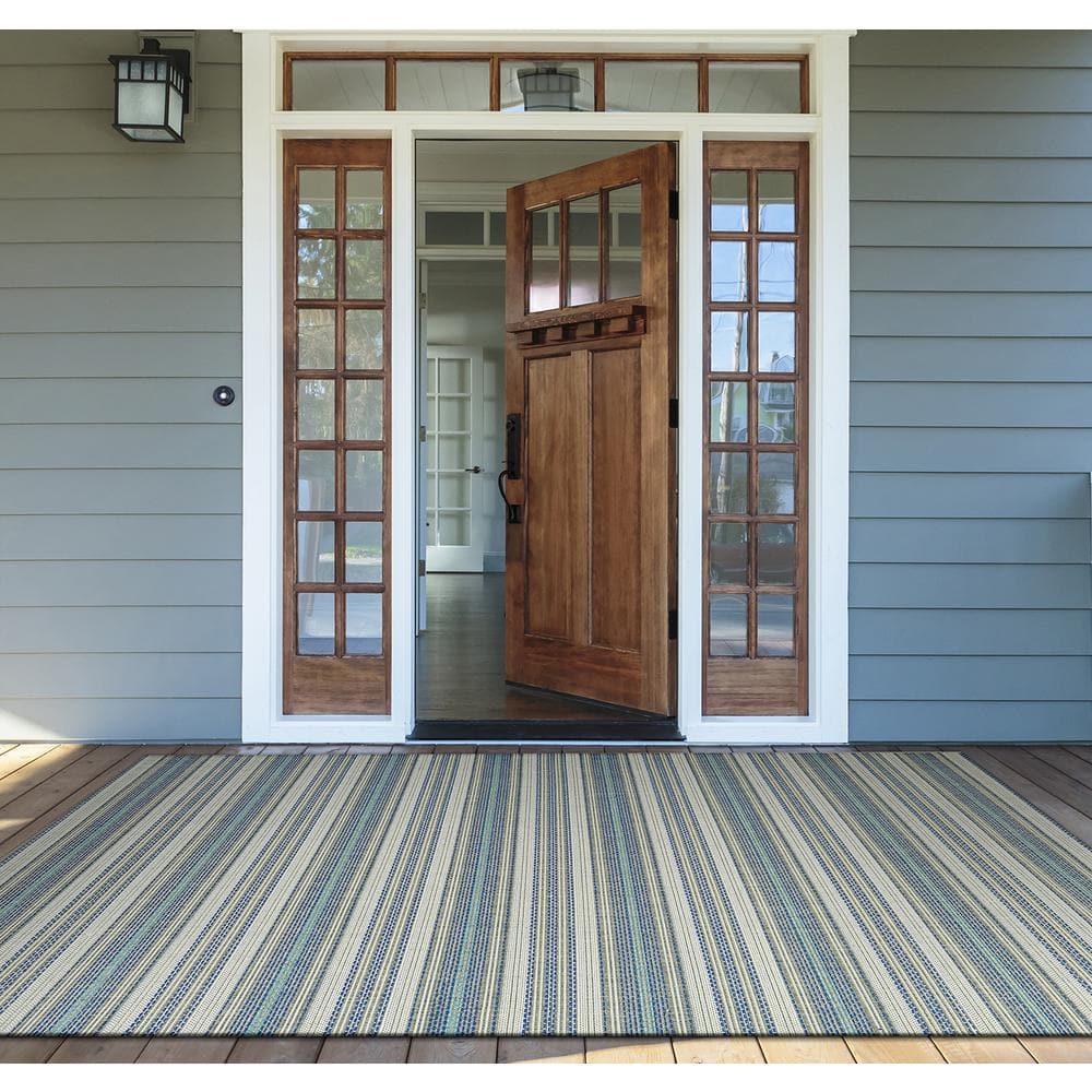 Monaco Ivory-Sand-Azure 5' x 7' Stripe Indoor/Outdoor Area Rug