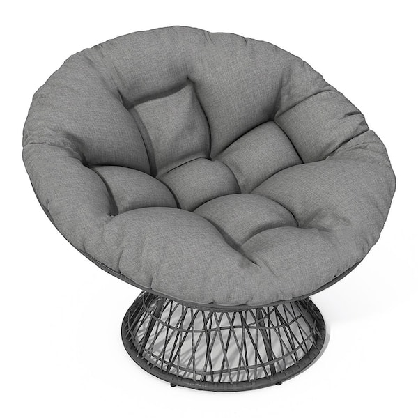 41 in. Ergonomic Gray Armless Metal Outdoor Egg Chair Lounge Chair with Gray Cushion Patio 360° Swivel Papasan Chair