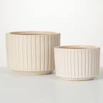 8.5 in. and 6.5 in. Striped Cream Ceramic Planters (Set of 2)