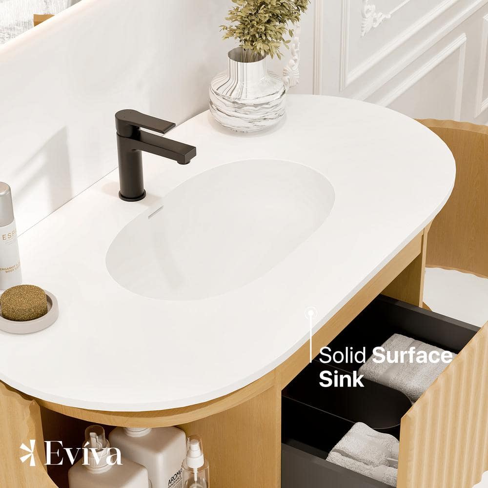 Natural Oak Freestanding Bathroom Vanity with White Solid Surface Top