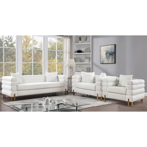 Furniture of America Marvela 3-Piece White Boucle Fabric Living Room Set with Horizontal Tufting