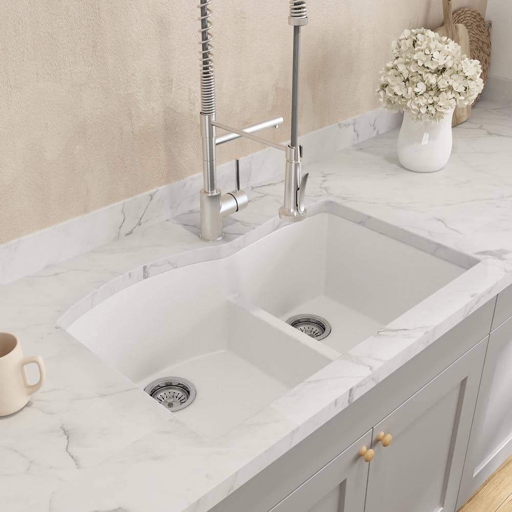 Milk White 33'' Granite Composite Double Bowl Kitchen Sink