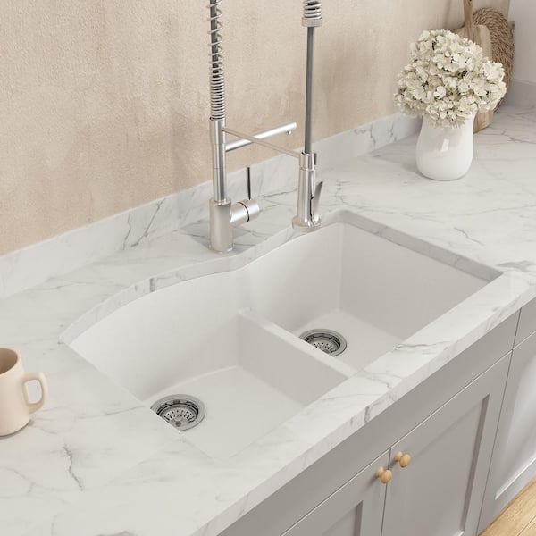 BOCCHI Campino Duo 33 in. Drop-In/Undermount 60/40 Double Bowl Milk White Granite Composite Kitchen Sink with Strainers