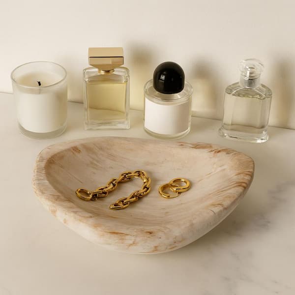 Ivory/Beige 13.75 in. Petrified Wood Oval Decorative Bowl