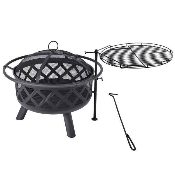 Micasa 29.5 in. x 16.5 in. Round Steel Wood Burning Fire Pit Kit in Black with Spark Screen and Poker