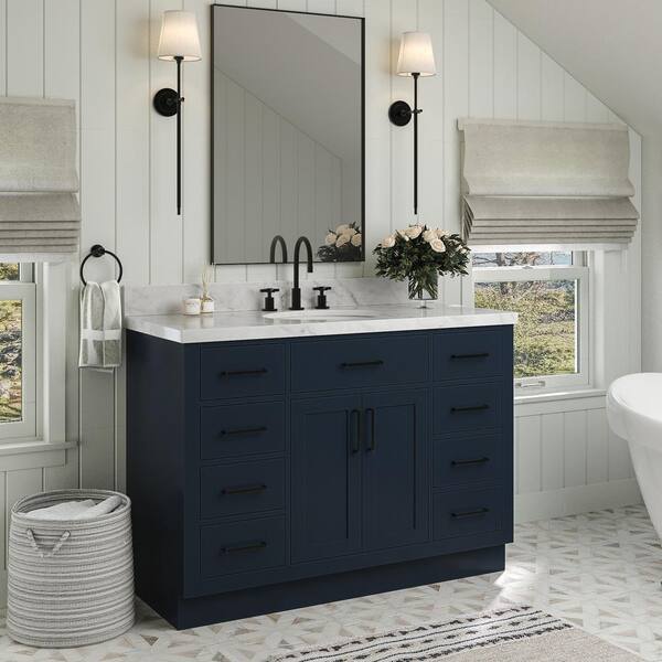 Home Decorators Collection Merryfield 43 in. W x 22 in. D x 35 in. H Freestanding Bath Vanity in Dark Blue-Gray with Carrara White Marble Top