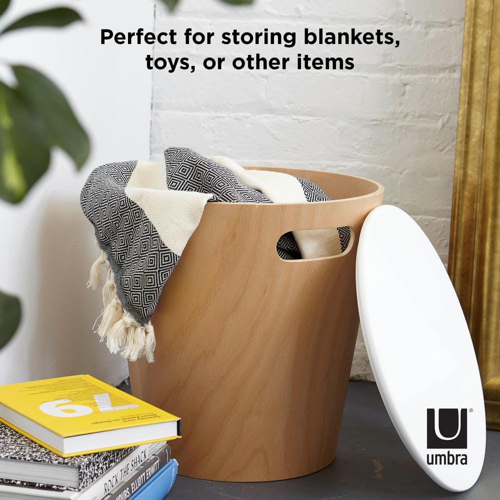 White and Light Wood Round Storage Ottoman Stool