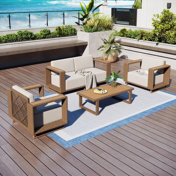 Brown Rattan Wicker 4 Seat 5-Piece Steel Outdoor Sectional Set with Beige Cushions and Coffee Table